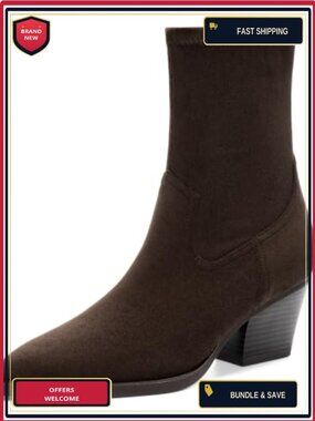 Women's Pointed Toe Chunky Block Heel Ankle Boots, Faux Suede Stretch Booties